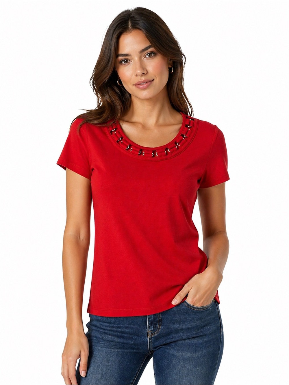 Rafaella Red Short-Sleeve Scoop Neck Tee with Grommet Detail - 0462